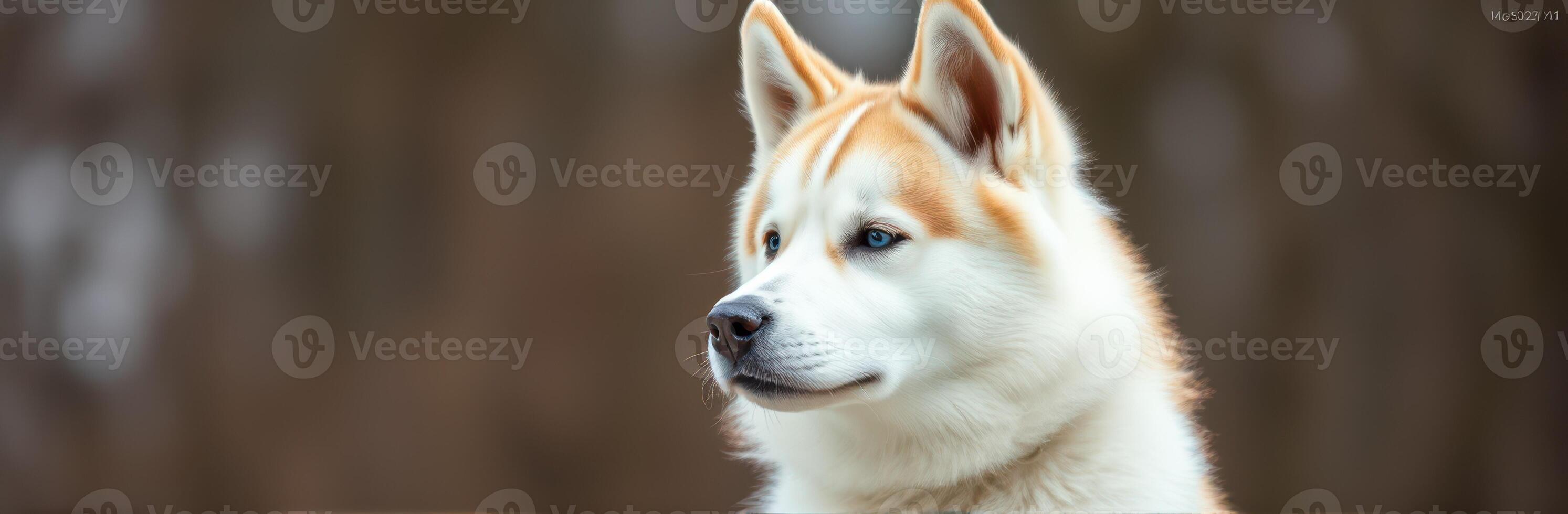 Siberian husky gazes thoughtfully in a forest during early morning light photo