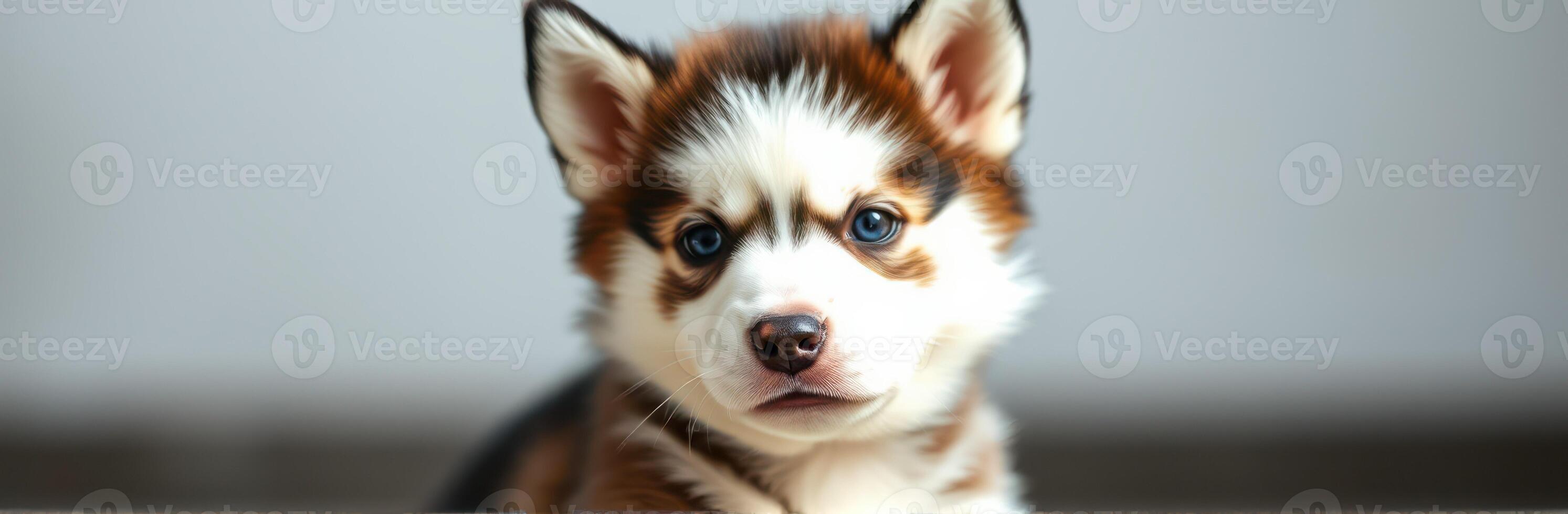 Cute husky puppy sitting indoors with a curious expression, showcasing its fluffy fur and bright eyes during daylight hours photo