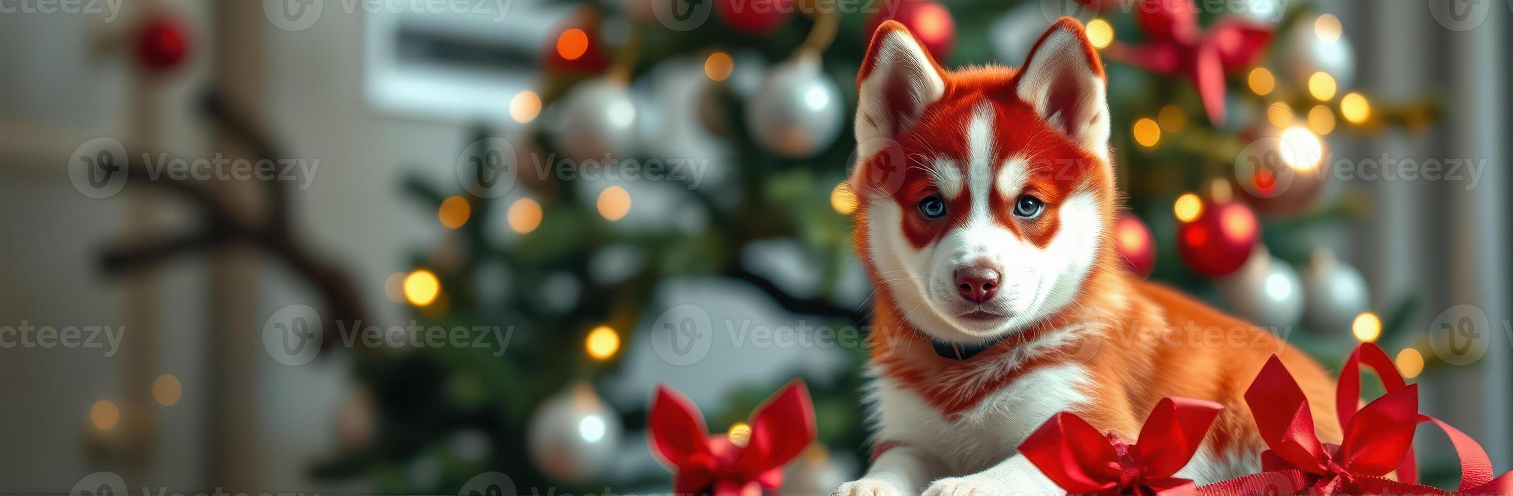 Cute husky puppy sitting beside a decorated Christmas tree with ornaments and bows in a cozy living room photo
