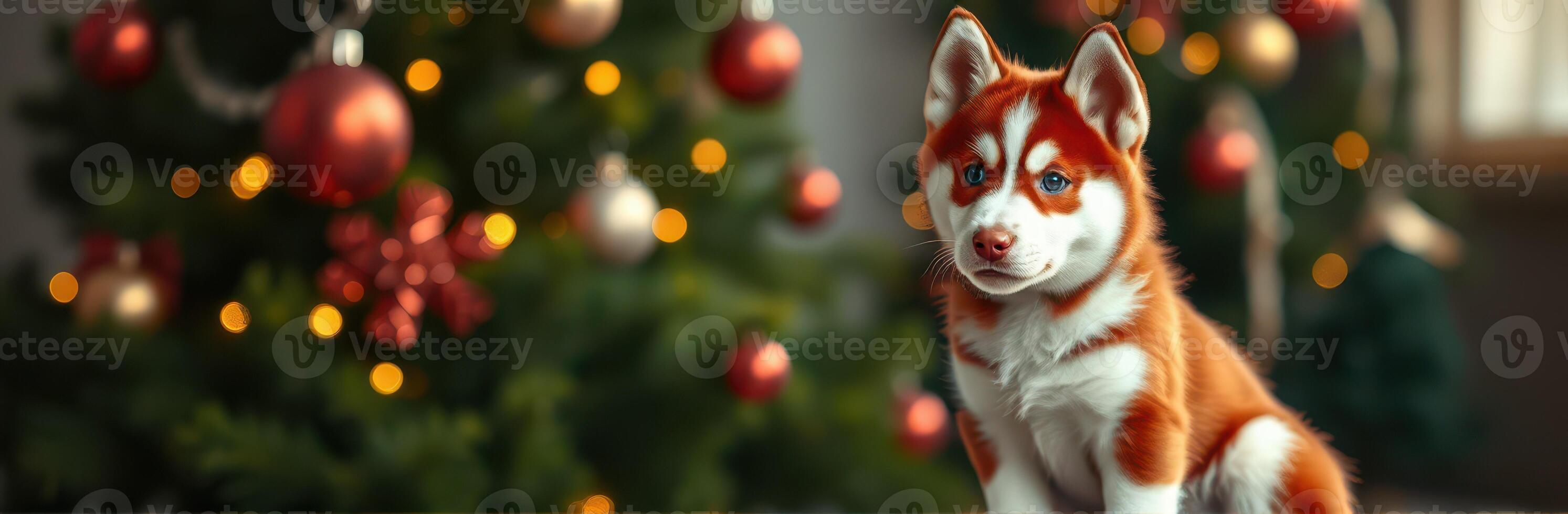 Cute puppy sits in front of a beautifully decorated Christmas tree with ornaments and soft lights during the holiday season photo
