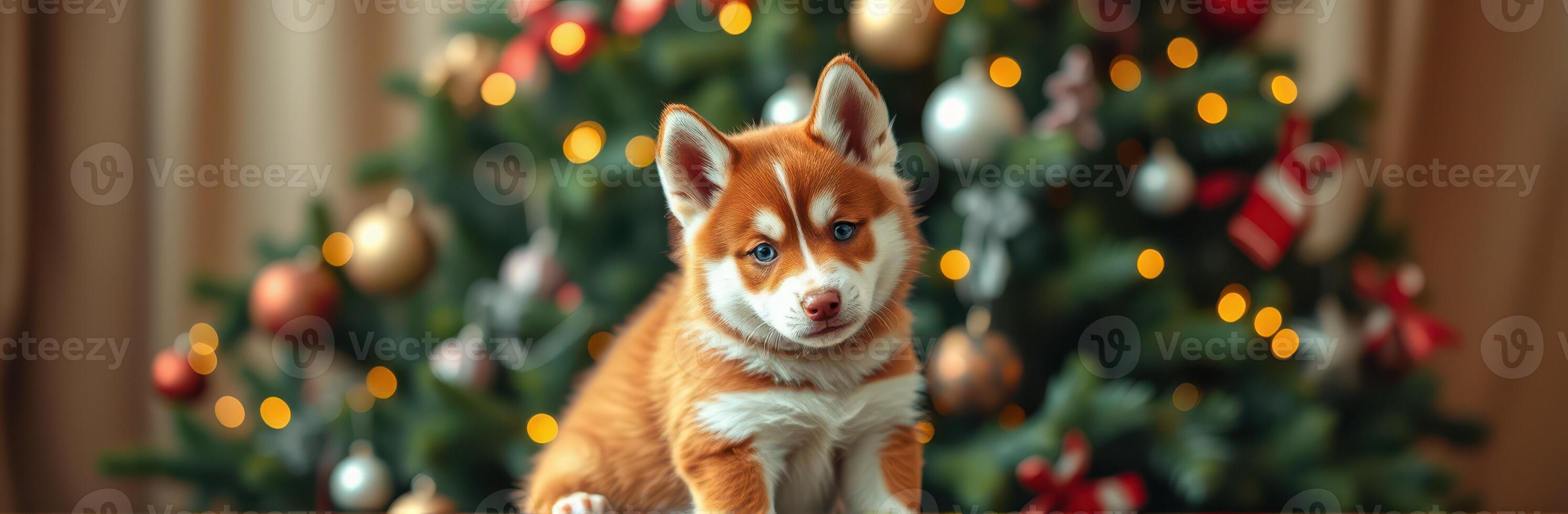 Cute puppy sits in front of decorated Christmas tree with colorful lights and ornaments during the holiday season photo