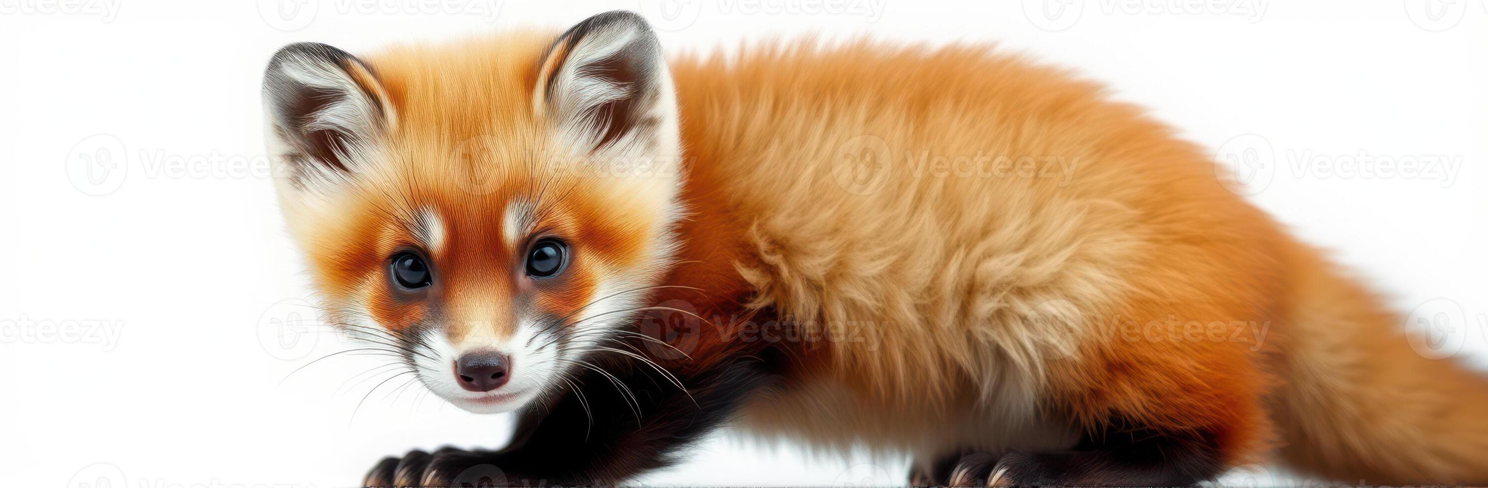 Red fox cub exploring a grassy area during the afternoon light in a natural setting photo