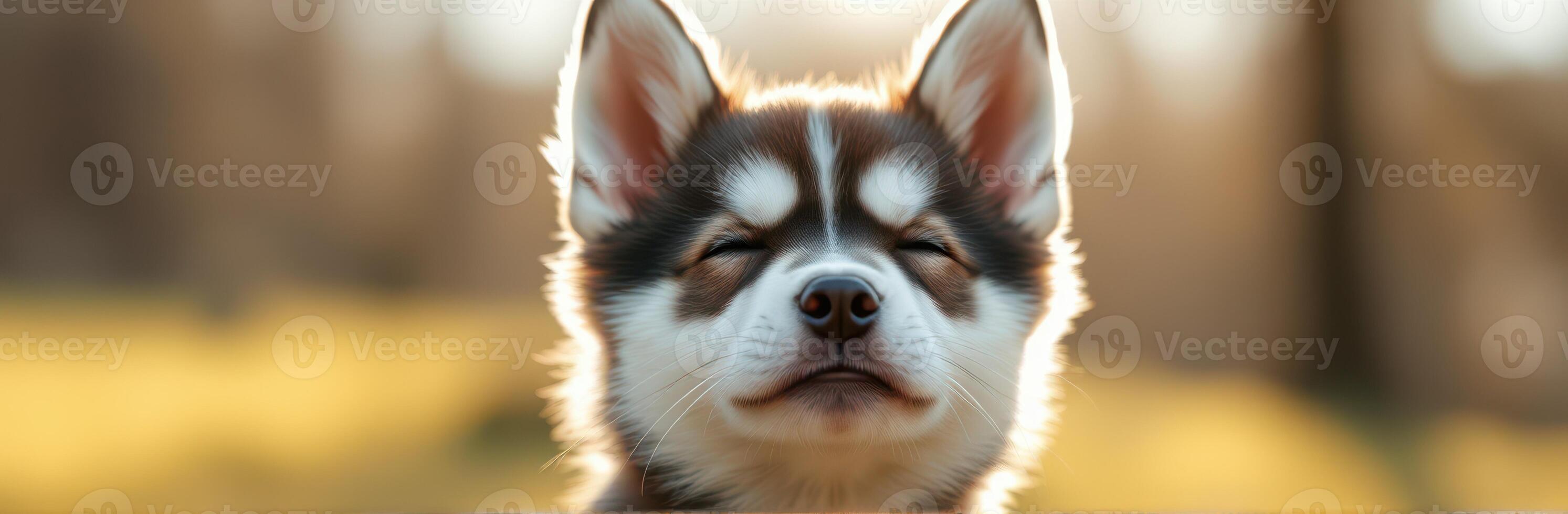 Adorable husky puppy with closed eyes enjoying the warmth of sunlight in a serene outdoor setting during golden hour photo