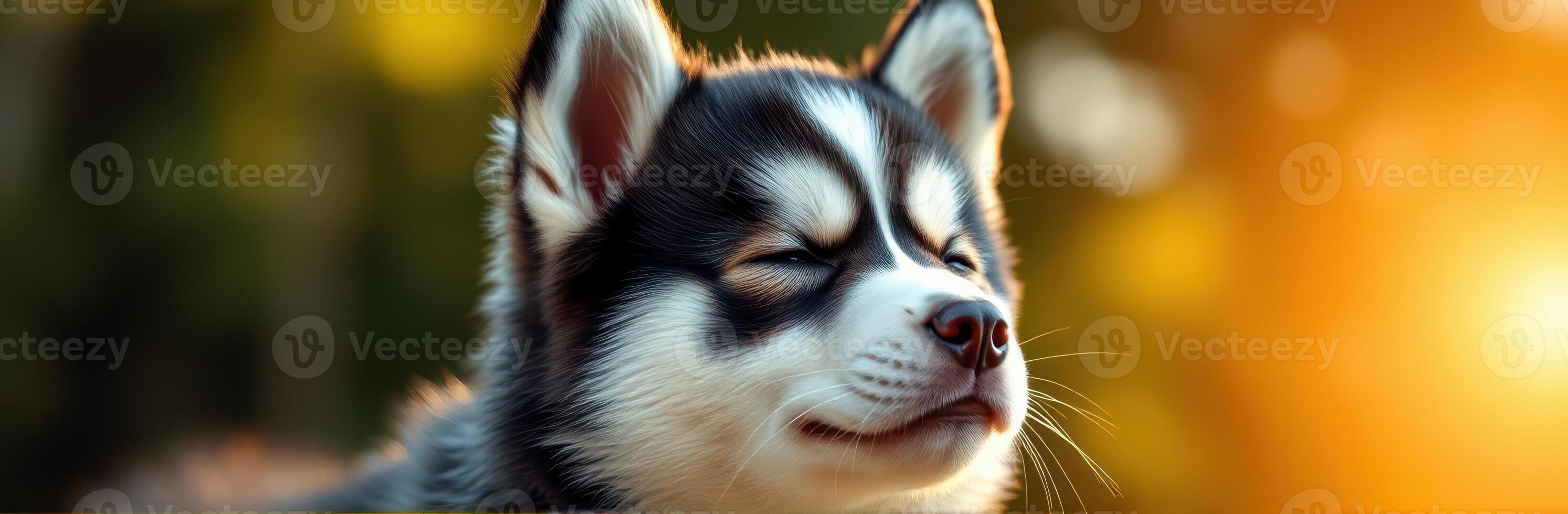Puppy enjoying a sunny evening in a natural setting with a bright backdrop photo