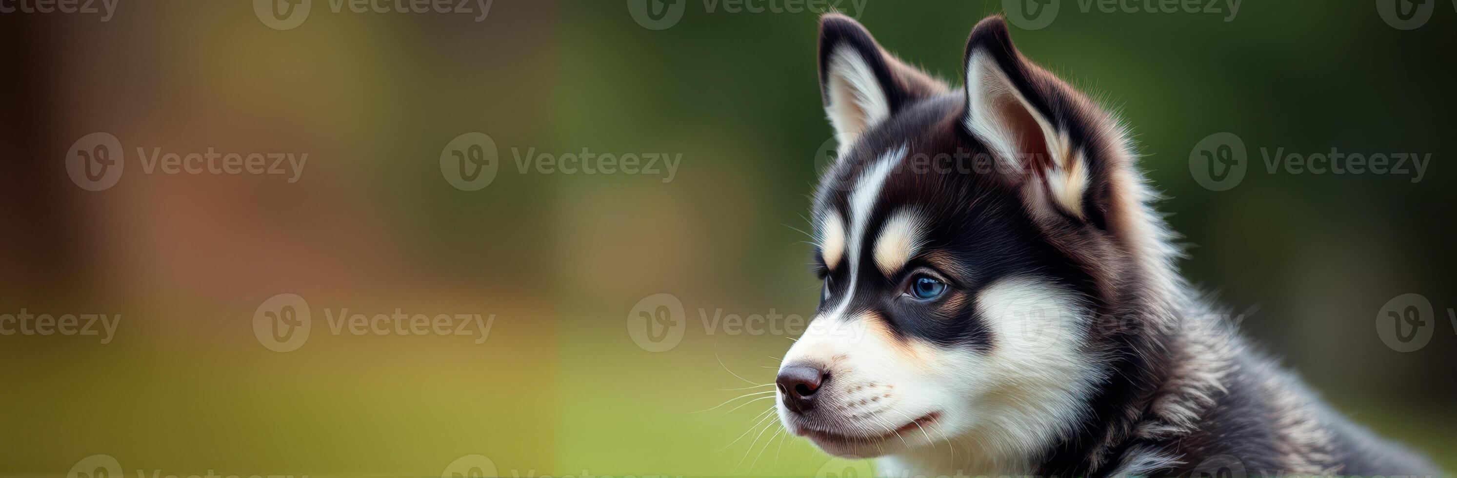 Cute husky puppy sitting outdoors with a curious expression in a natural setting during daytime photo