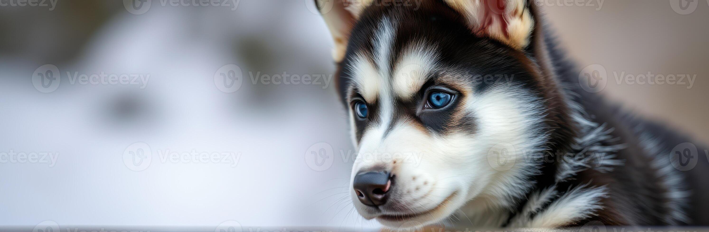 Siberian husky puppy with striking blue eyes looking curiously in snowy surroundings during winter afternoon photo