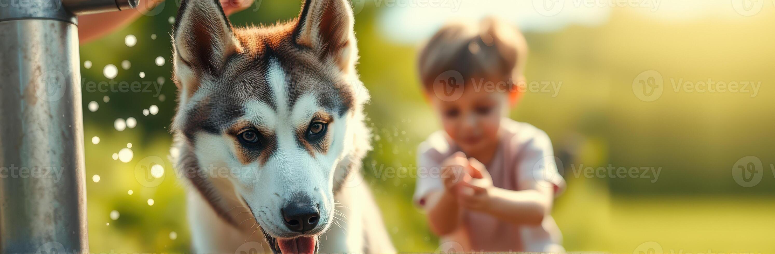 Boy plays with husky dog at outdoor faucet on a sunny day in the park photo