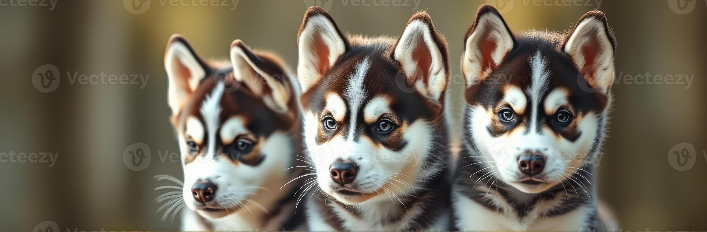 Three playful husky puppies sitting together in a sunny outdoor setting with a soft background photo
