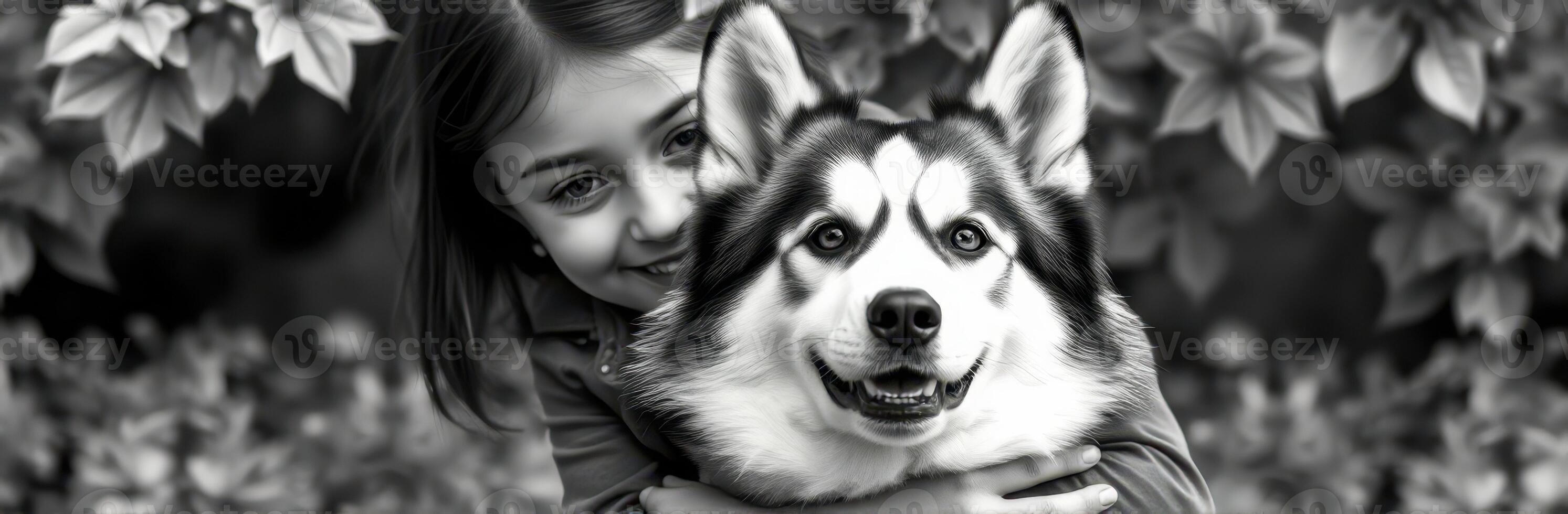 Child hugs a happy dog in a lush garden during a sunny afternoon photo