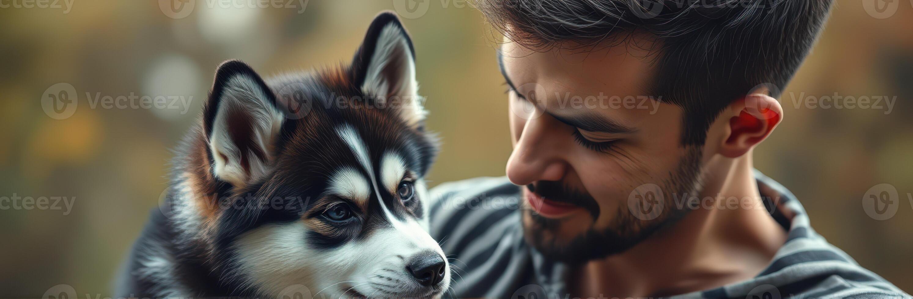 Joyful moment between a man and his playful husky puppy in a cozy outdoor setting during golden hour photo