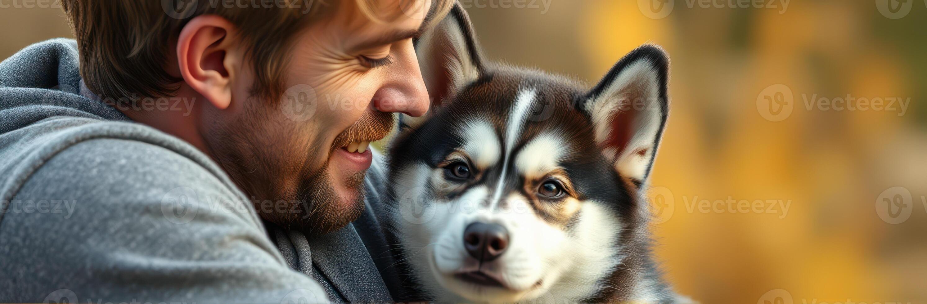 Man enjoys playful moment with his fluffy dog outdoors during a sunny afternoon in a natural setting photo