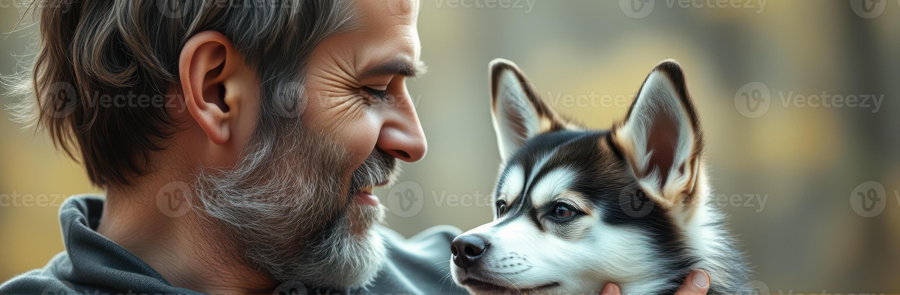 Man enjoys tender moment with husky puppy during an outdoor activity in a serene setting photo