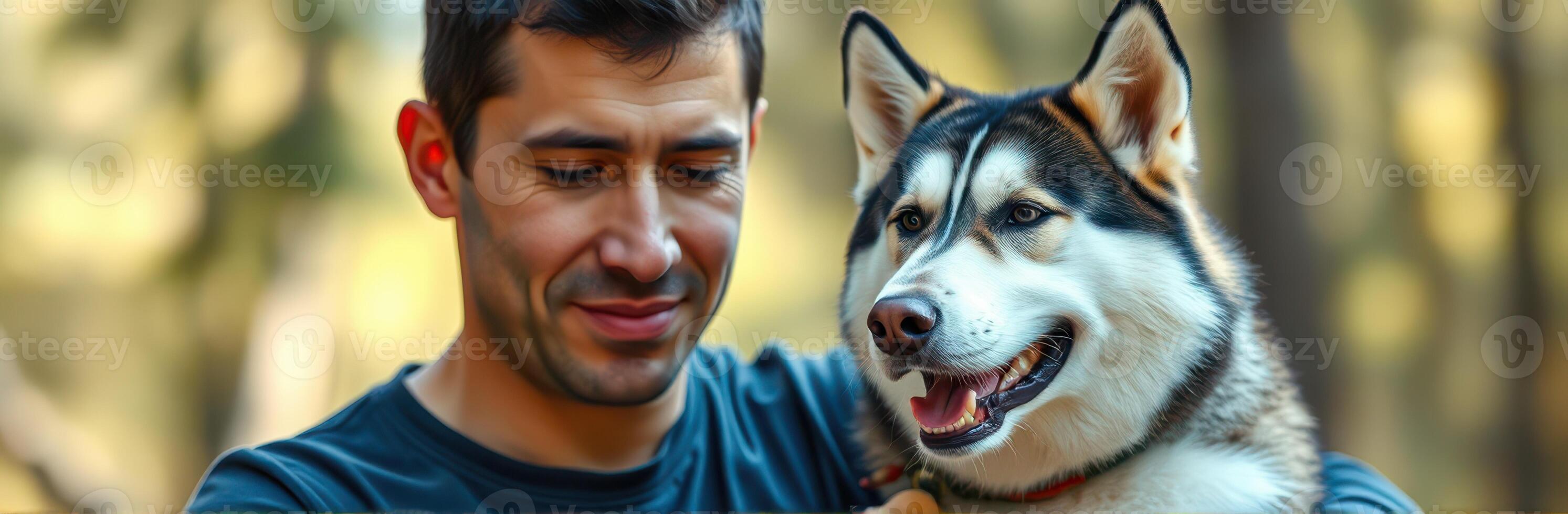 Happy man enjoys quality time with his playful husky in a serene forest during warm afternoon sunlight photo