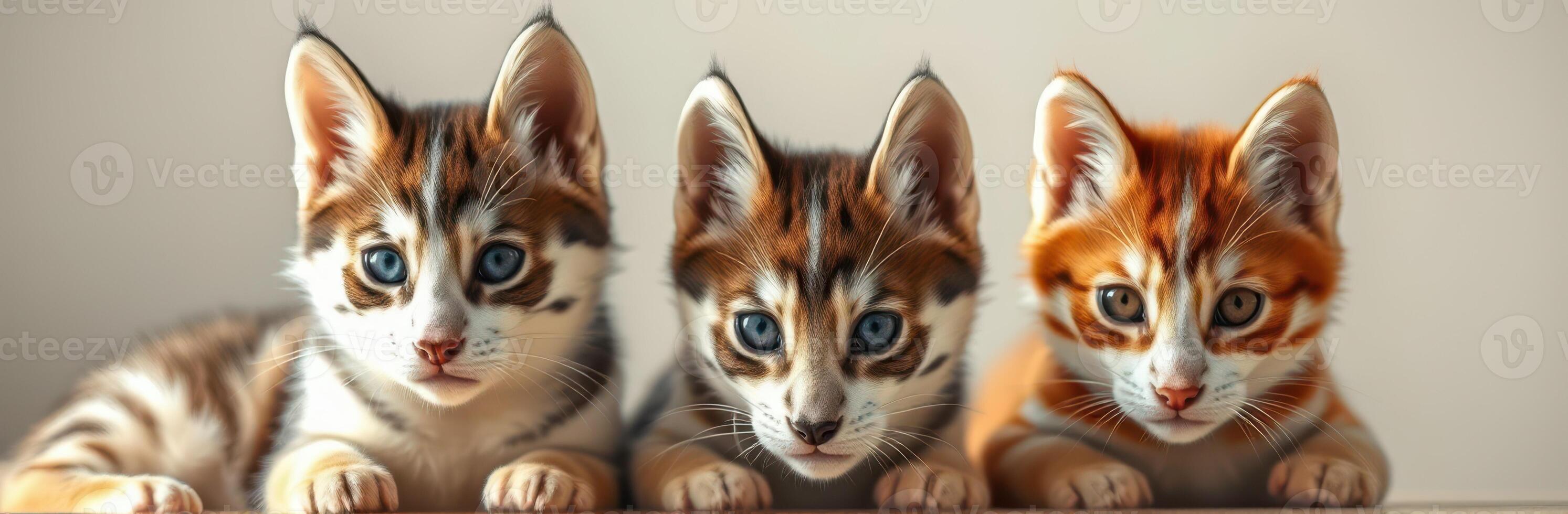 Three adorable kittens with striking patterns and colors resting together indoors photo