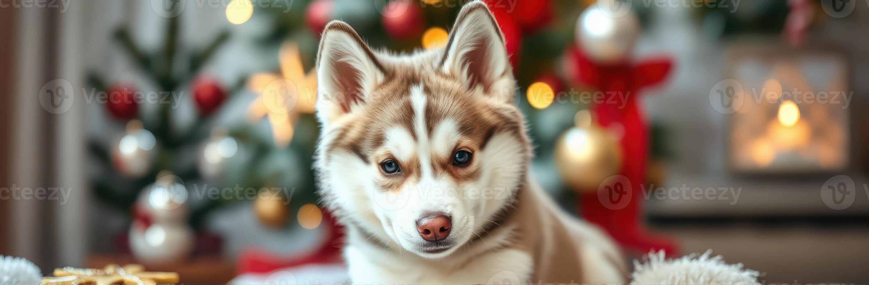 Cute husky puppy sitting in front of a decorated Christmas tree with warm festive lights and ornaments photo