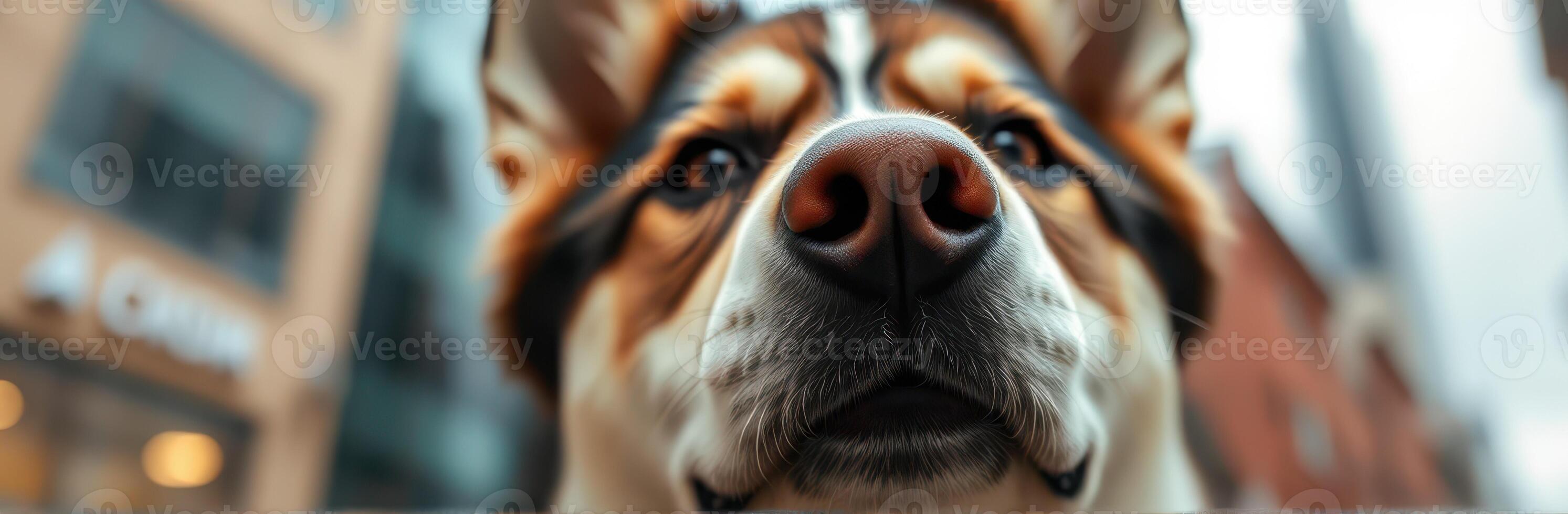 Dog with a playful expression in an urban setting captures attention on a cloudy day photo