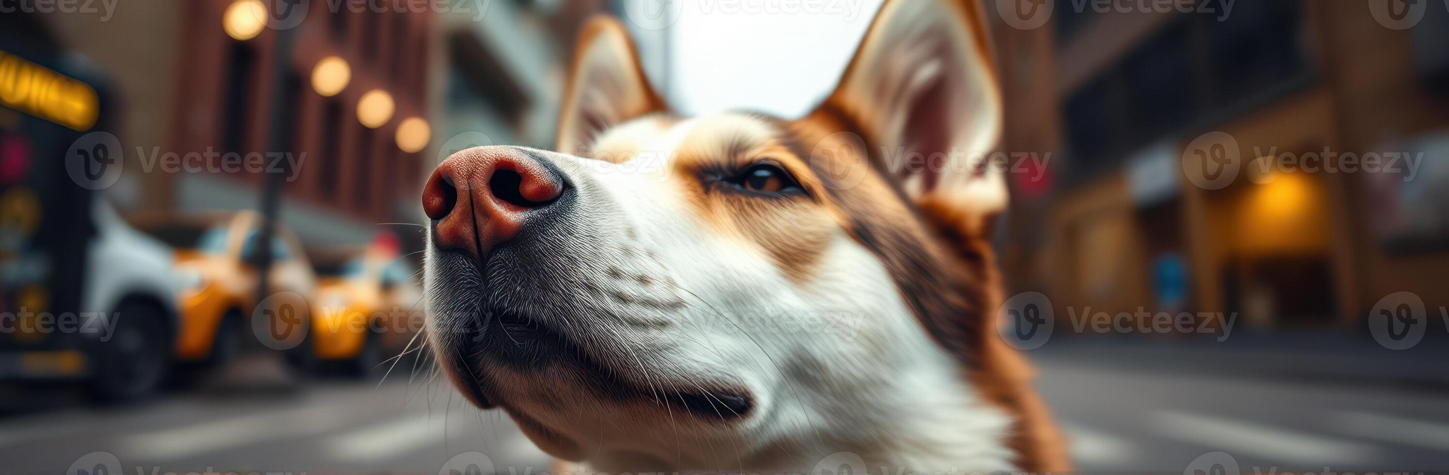 Dog stands confidently in the urban street of a bustling city during late afternoon photo