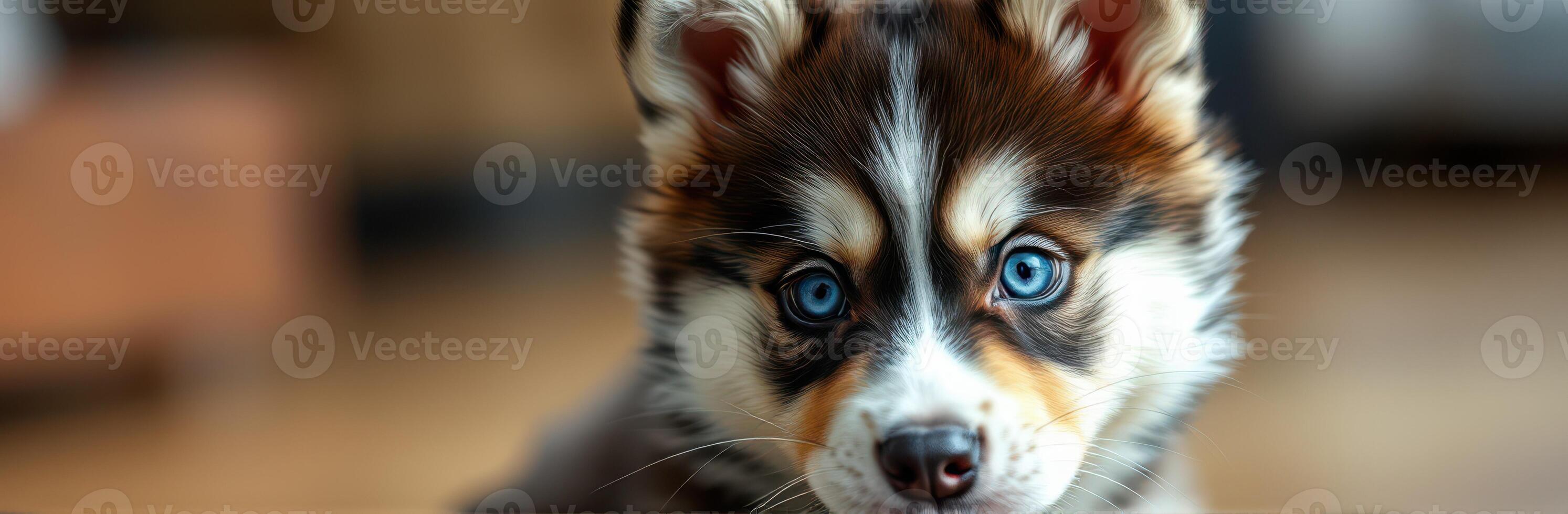 Curious puppy with blue eyes looks into the camera in a cozy indoor setting during the afternoon photo