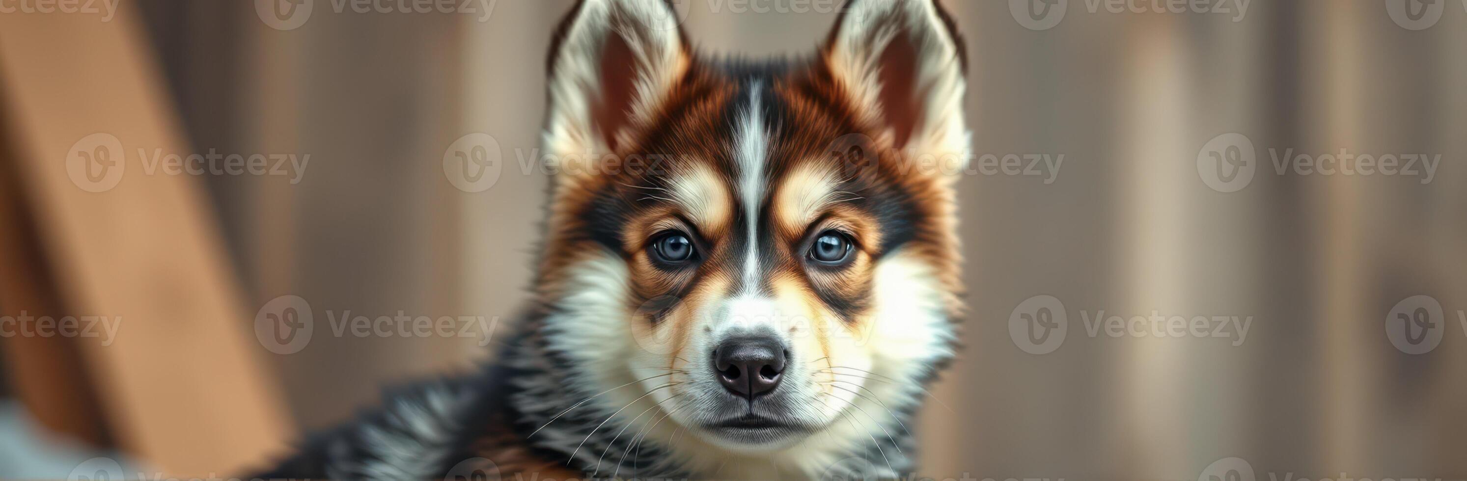 Playful young dog with expressive eyes in a cozy indoor setting enjoying its surroundings photo