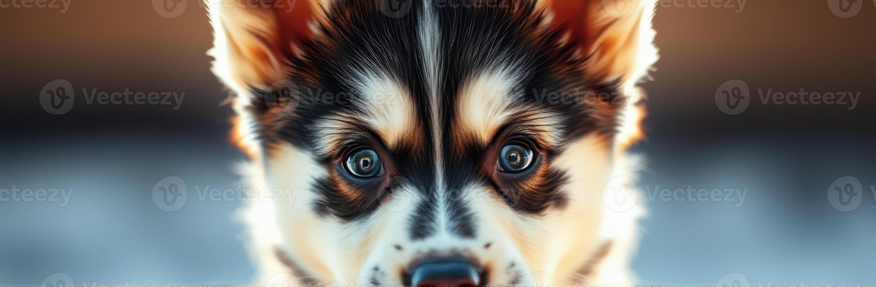 Cute puppy with striking blue eyes amazed by its surroundings indoors in soft lighting photo