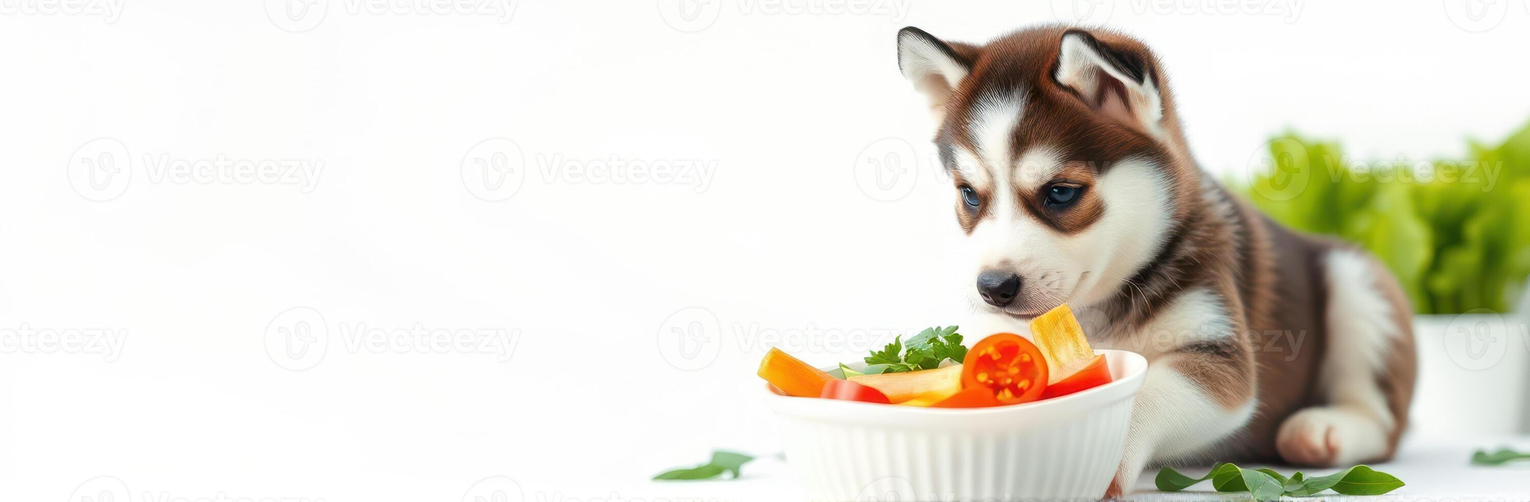 Cute puppy curiously examines a colorful bowl of fresh vegetables on a bright countertop in a modern kitchen photo