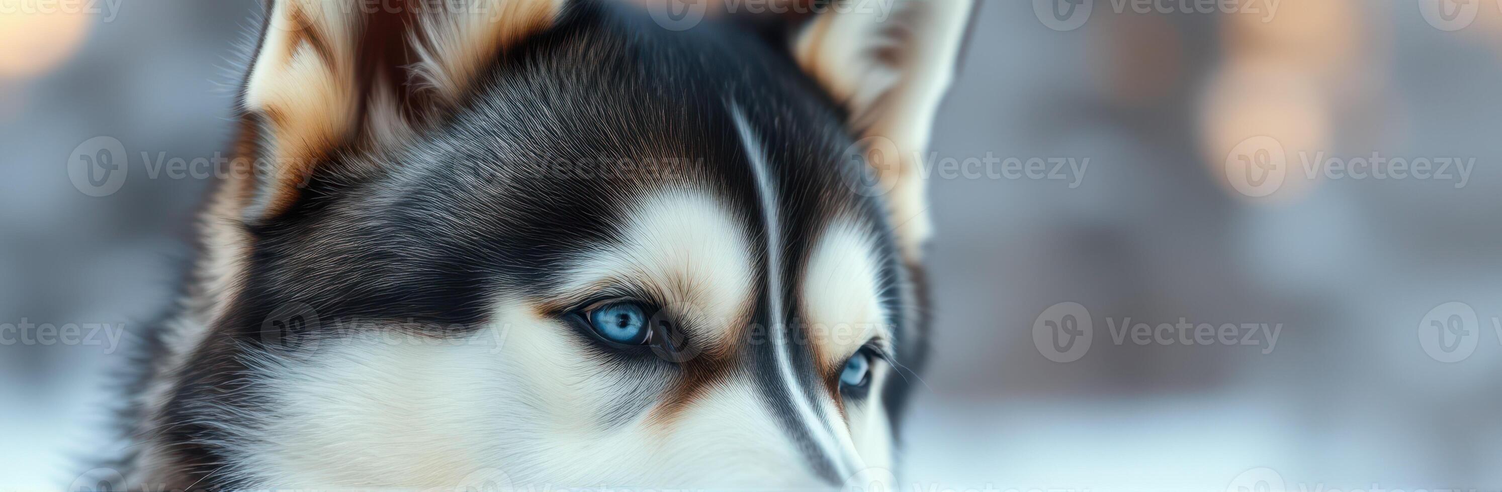 Husky with striking blue eyes gazes thoughtfully in a snowy forest landscape during winter morning photo