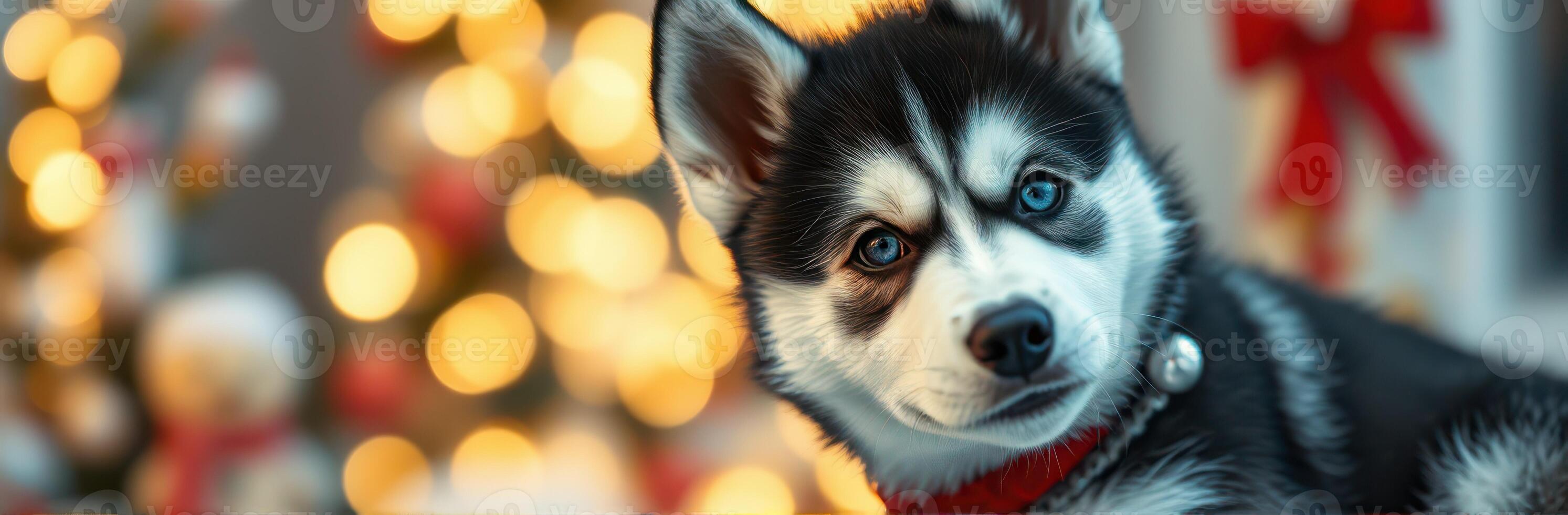 Holiday puppy poses in front of a decorated Christmas tree with warm lights and festive ornaments photo