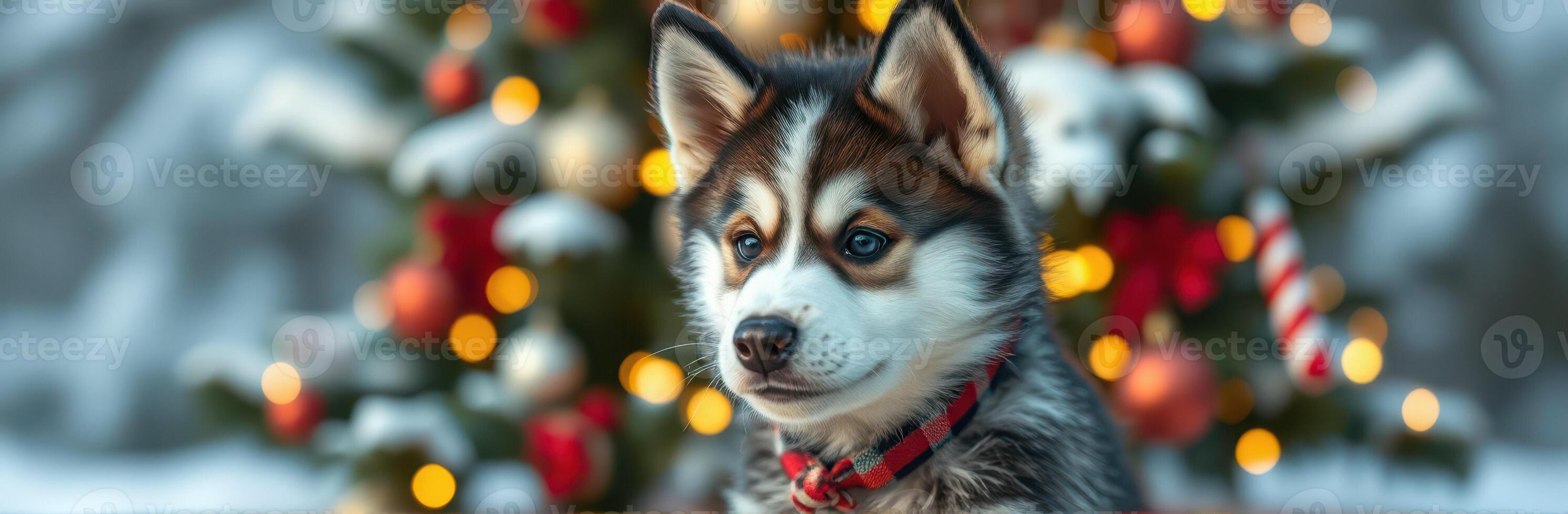 Cute husky puppy poses in front of a beautifully decorated Christmas tree with lights and ornaments photo