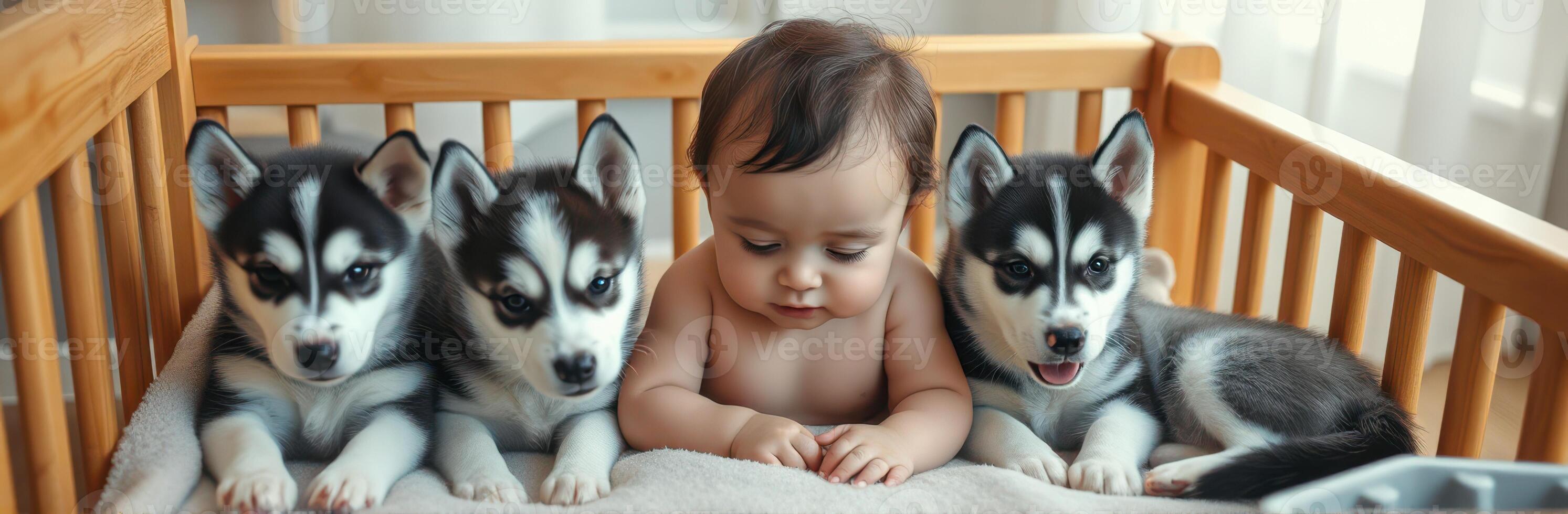 Baby sits among playful husky puppies in a cozy nursery setting with soft natural light photo