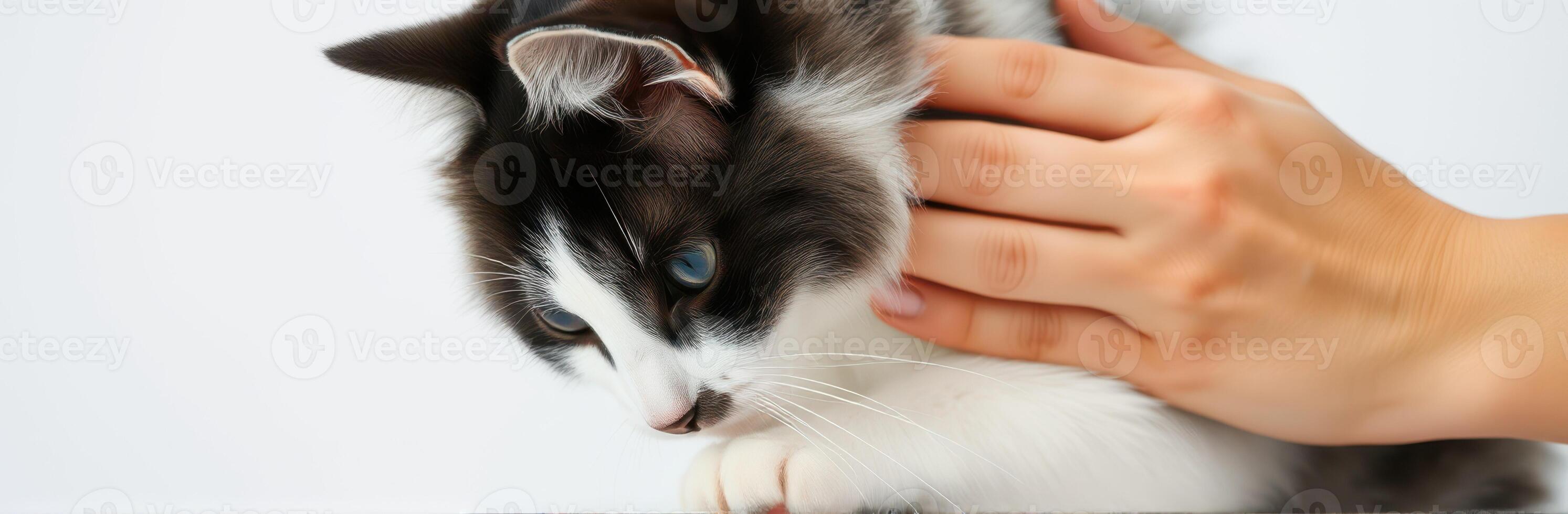 Cute fluffy cat being gently petted by a hand in a bright, indoor setting during daytime photo