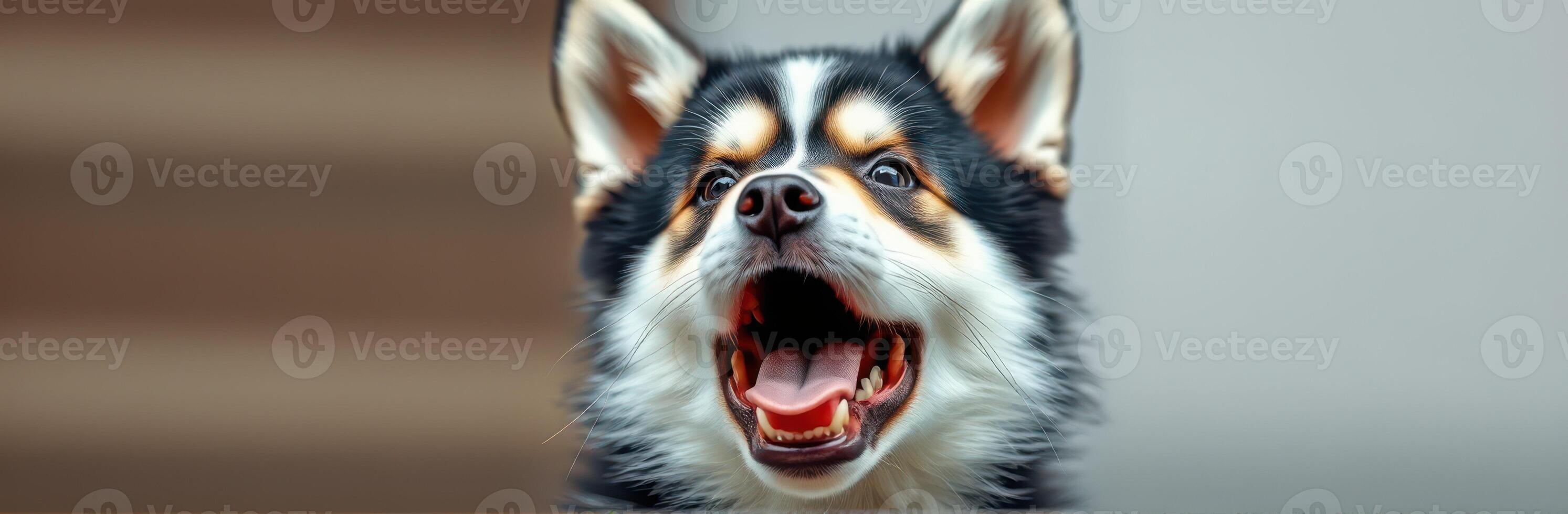 Excited dog with a joyful expression barking happily in an indoor setting photo
