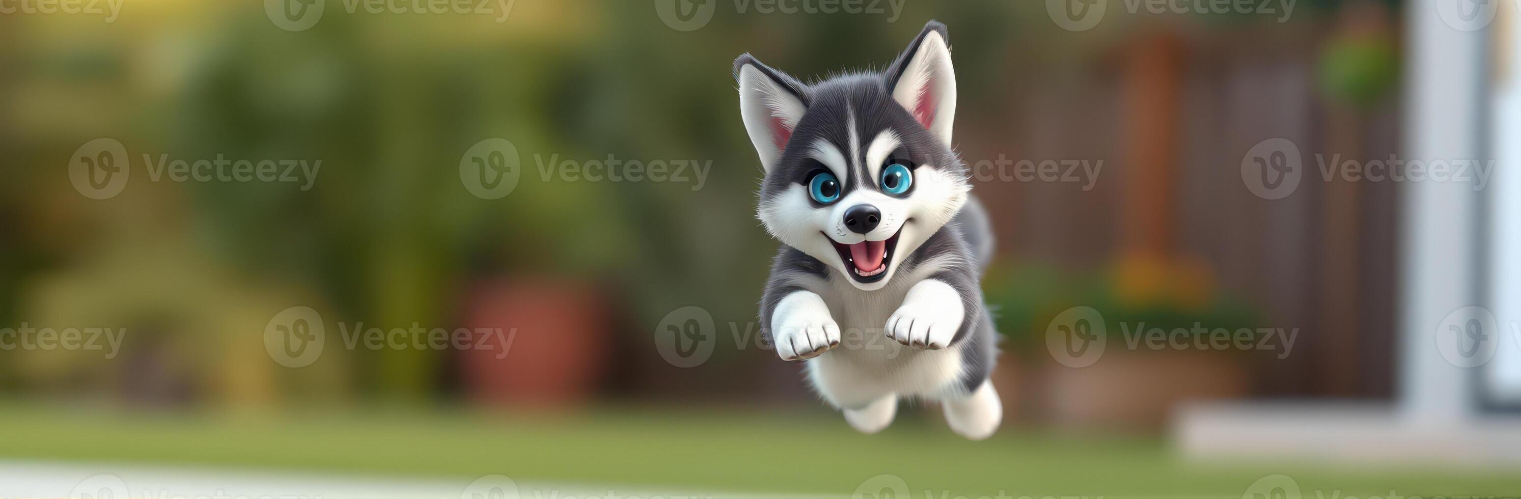 Energetic puppy husky running joyfully in a sunny backyard during a warm afternoon photo