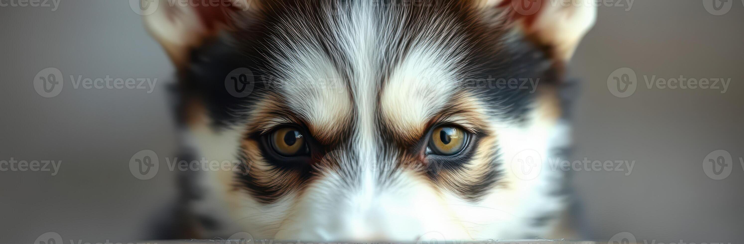 Close-up view of a dog's eyes showing curiosity and playfulness in a cozy indoor setting photo