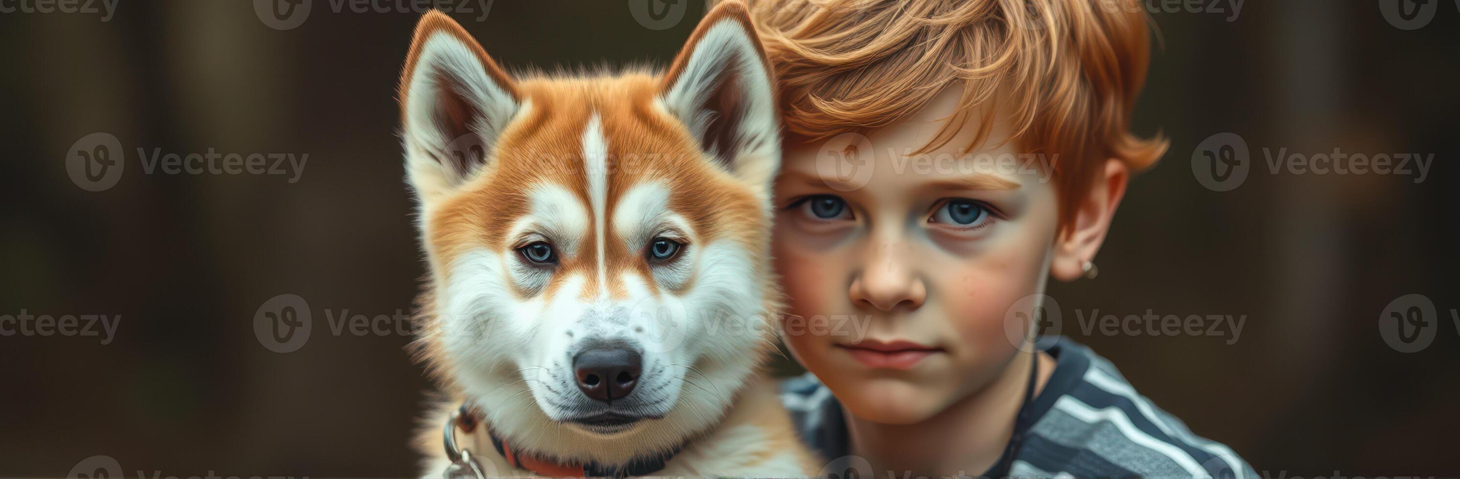 Young boy poses with a Shiba Inu dog in a forest setting during a warm afternoon photo