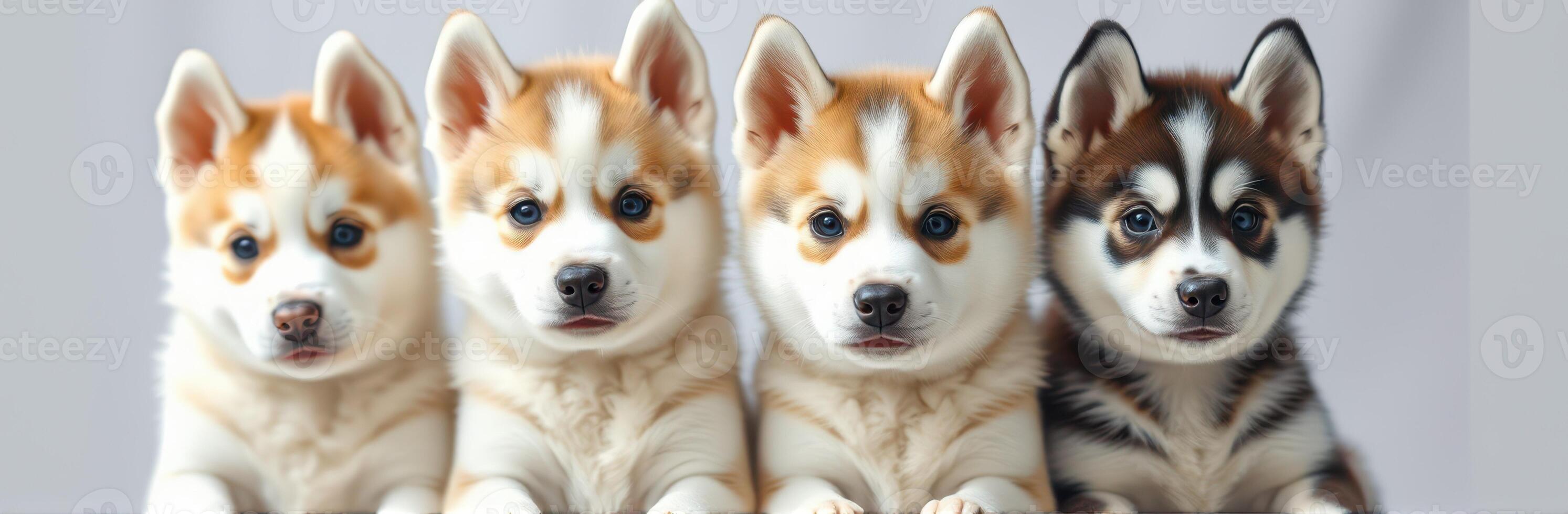 Group of four adorable puppies sitting together showcasing different fur patterns and colors indoors photo