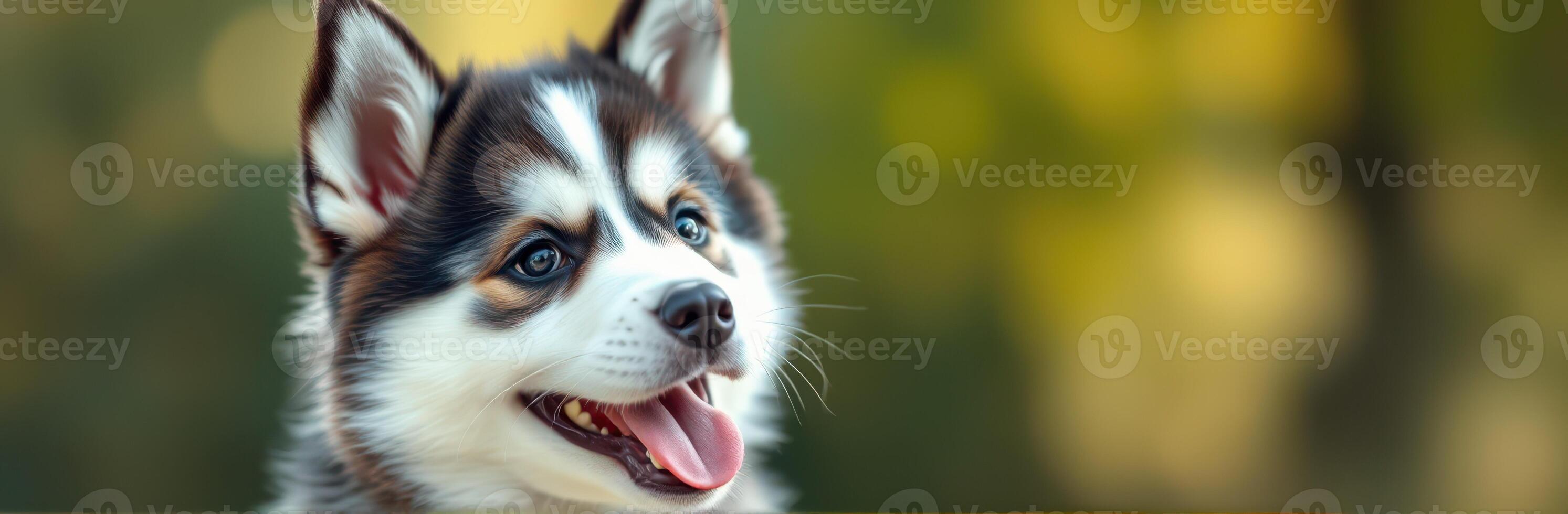 Cute husky puppy enjoying a sunny day in a lush green park with a joyful expression on its face photo