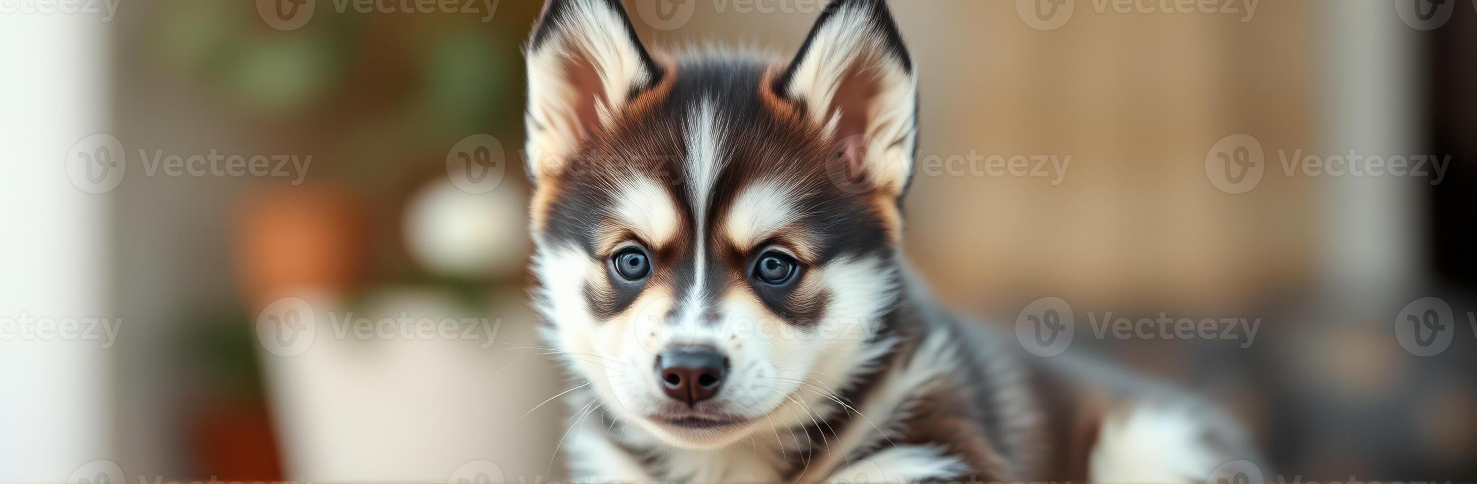 Cute puppy with striking fur pattern in a cozy indoor setting during the day photo