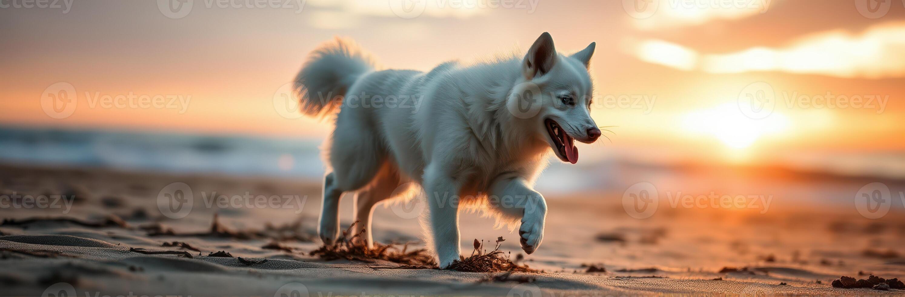 White dog happily playing on the beach during sunset with golden light reflecting on the sand and waves photo