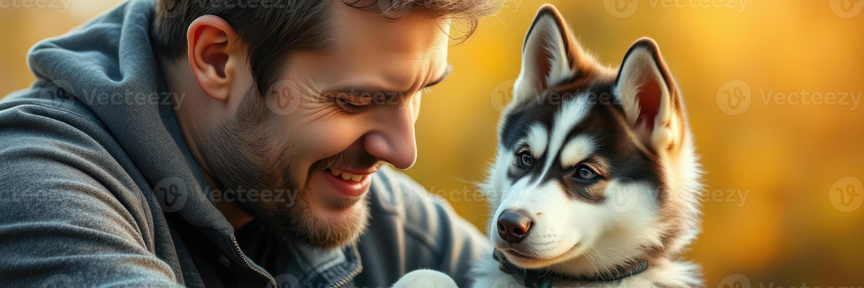 Smiling man interacts with his husky puppy in a warm sunset setting reflecting joy and companionship photo