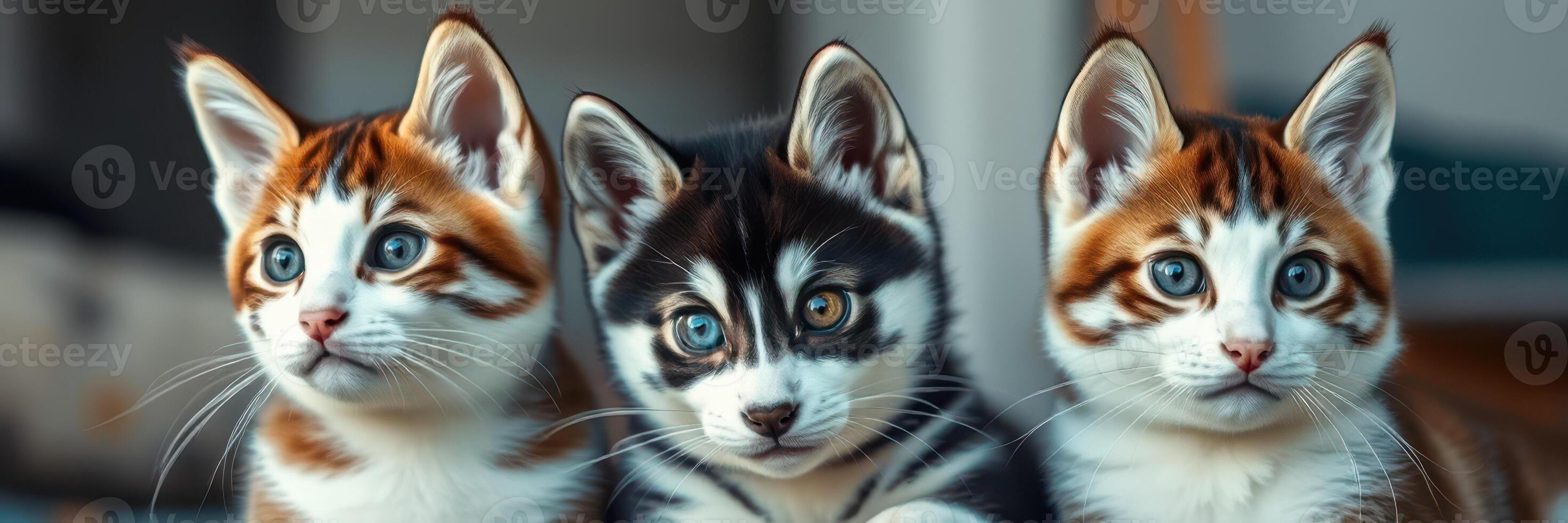 Three adorable kittens displaying unique fur patterns and captivating blue eyes in a cozy indoor setting photo