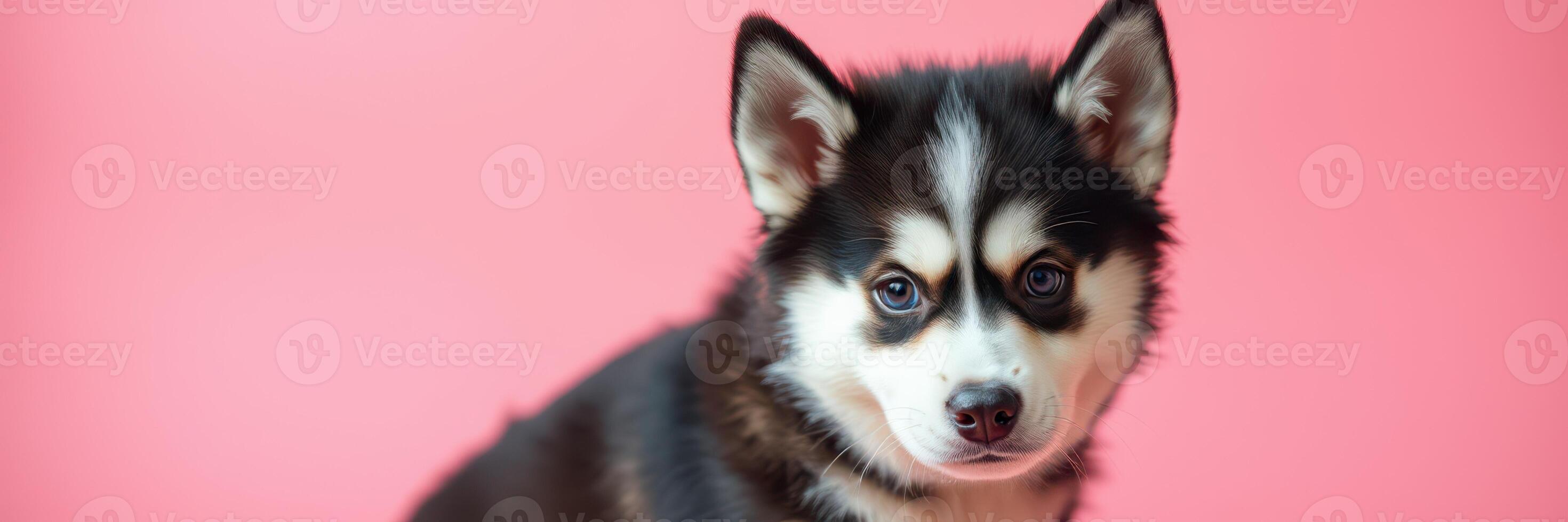 Cute husky puppy posing against a pink background in a studio setting during a playful photoshoot photo