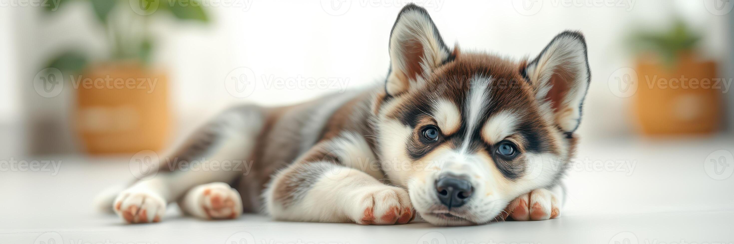 Cute husky puppy resting on the floor with a calm expression in a bright indoor setting photo