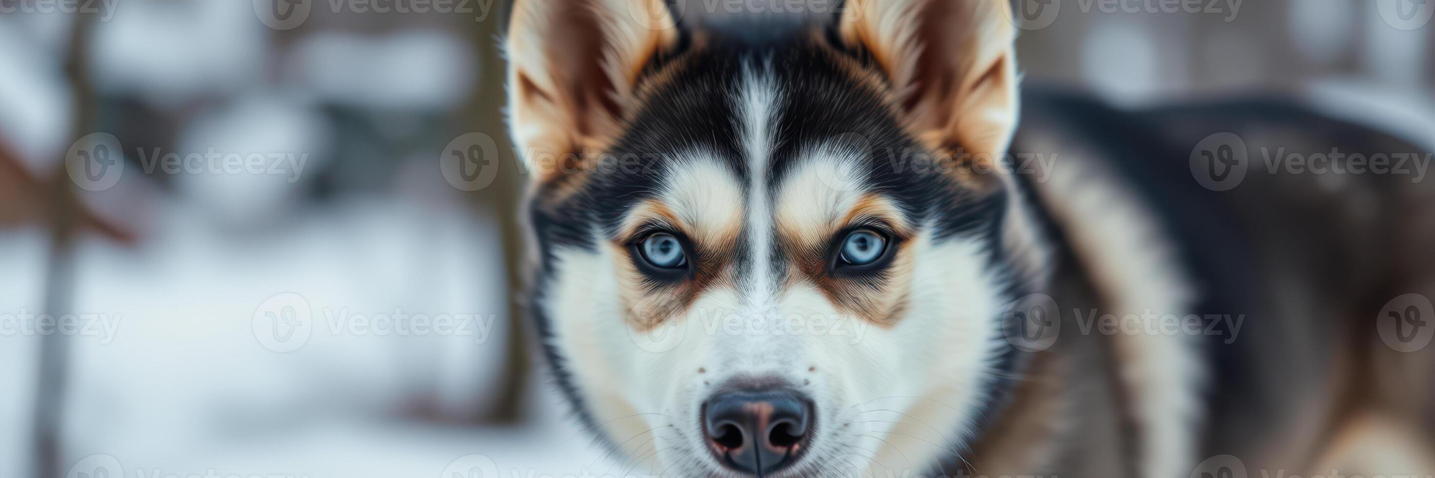 Siberian husky standing in the snow with striking blue eyes during winter in a forested area photo
