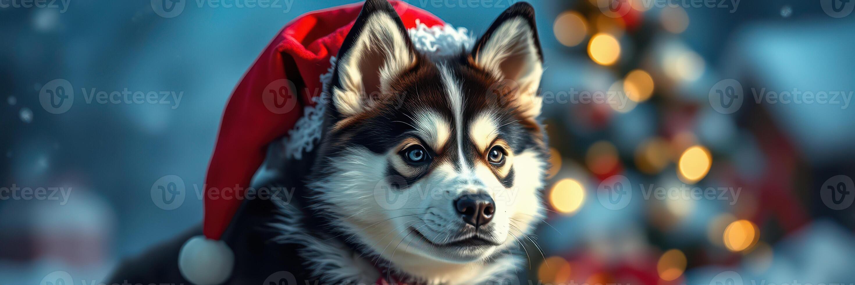 Cute dog wearing Christmas hat poses in festive setting with holiday decorations in the background photo