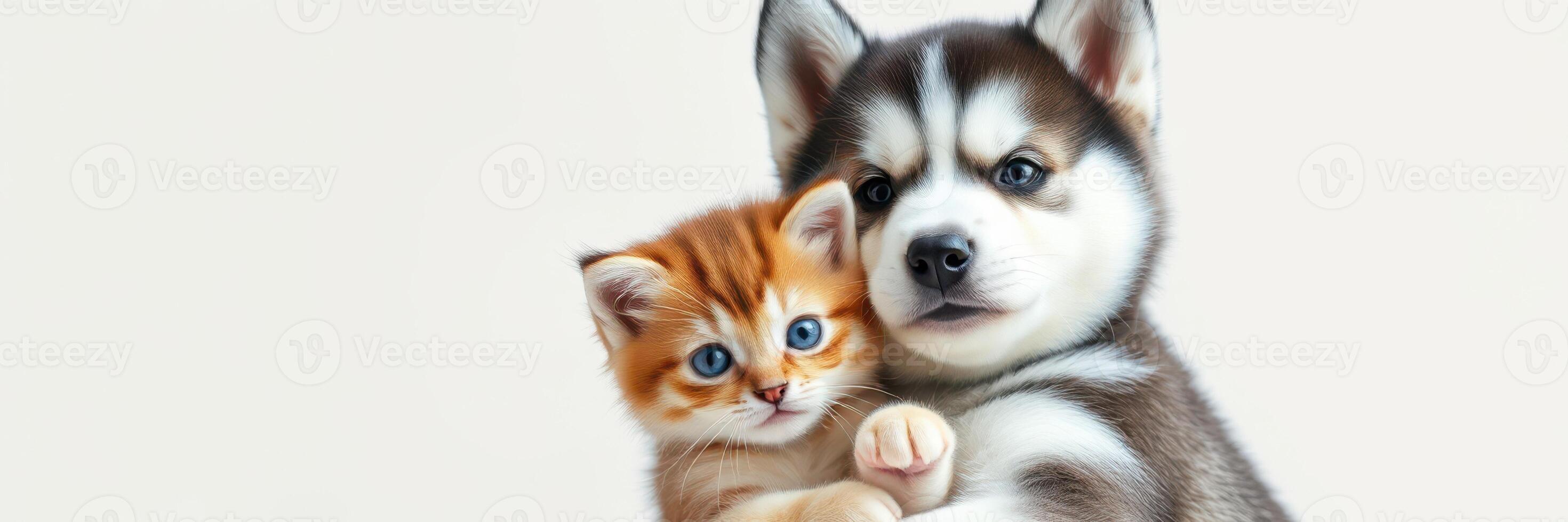 Cute kitten and puppy snuggled together in a cozy indoor setting showcasing friendship and warmth photo