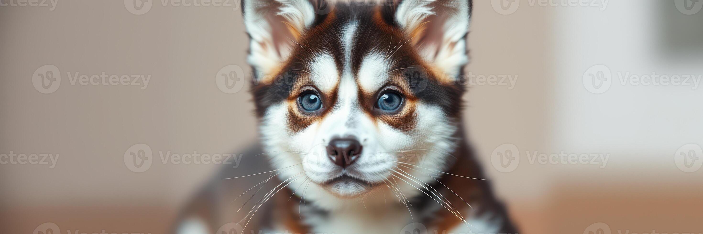 Cute dog with distinctive coat and bright blue eyes sits playfully indoors in a cozy setting during the day photo