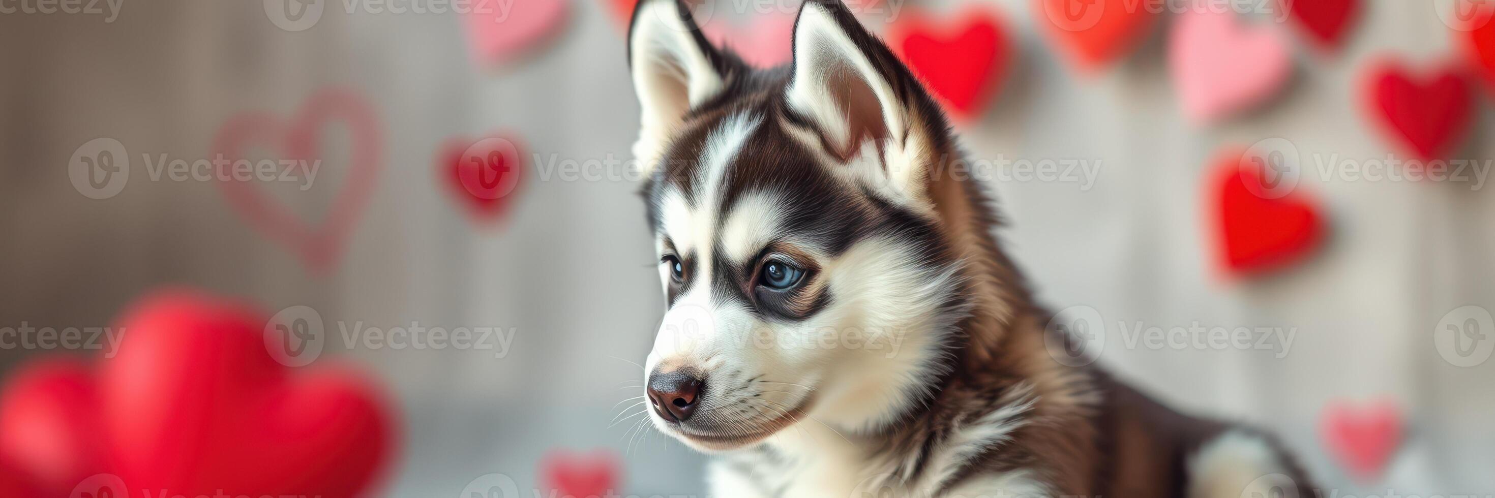 Playful husky puppy surrounded by heart decorations in a cozy indoor setting during a romantic holiday photo