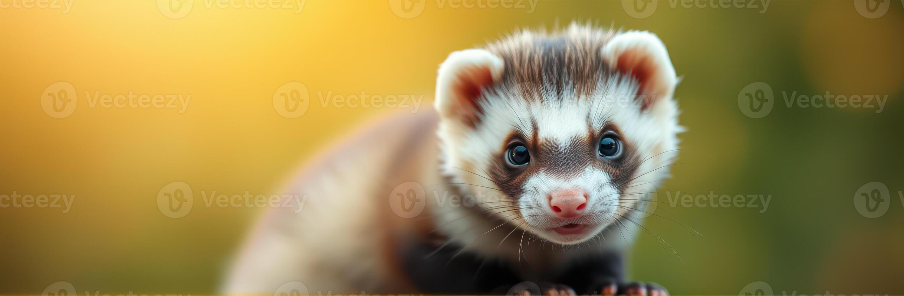A curious ferret exploring its surroundings in a vibrant outdoor setting during the golden hour photo
