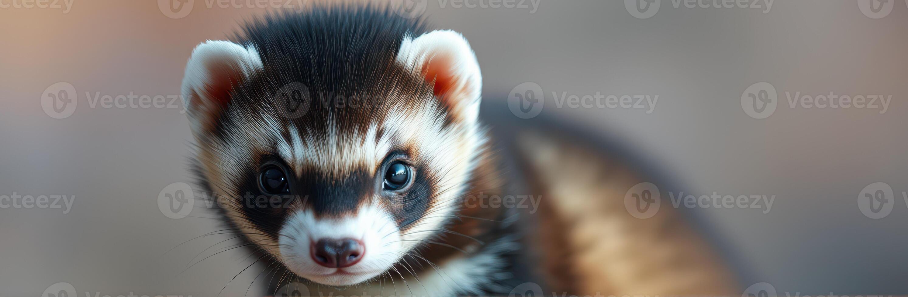 Cute ferret with distinct markings poses against a soft blurred background in a natural setting during a sunny day photo