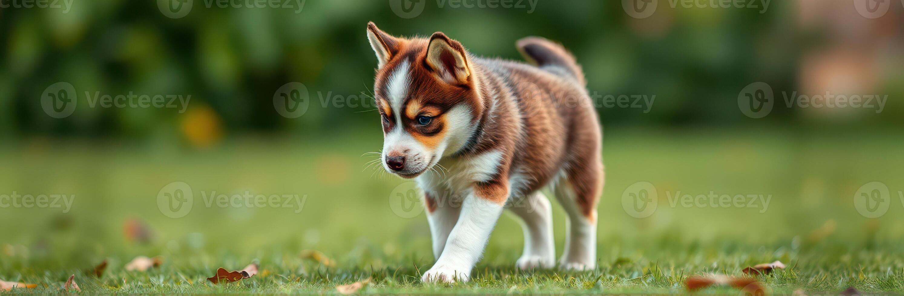 Cute puppy exploring the grassy backyard during sunny afternoon, showcasing playful nature and bright fur patterns photo